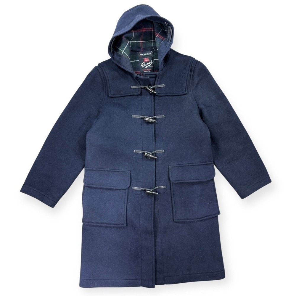 90s Gloverall Duffle Coat Women's 6 Navy Blue Wool Plaid Lined Toggle Hooded UK
